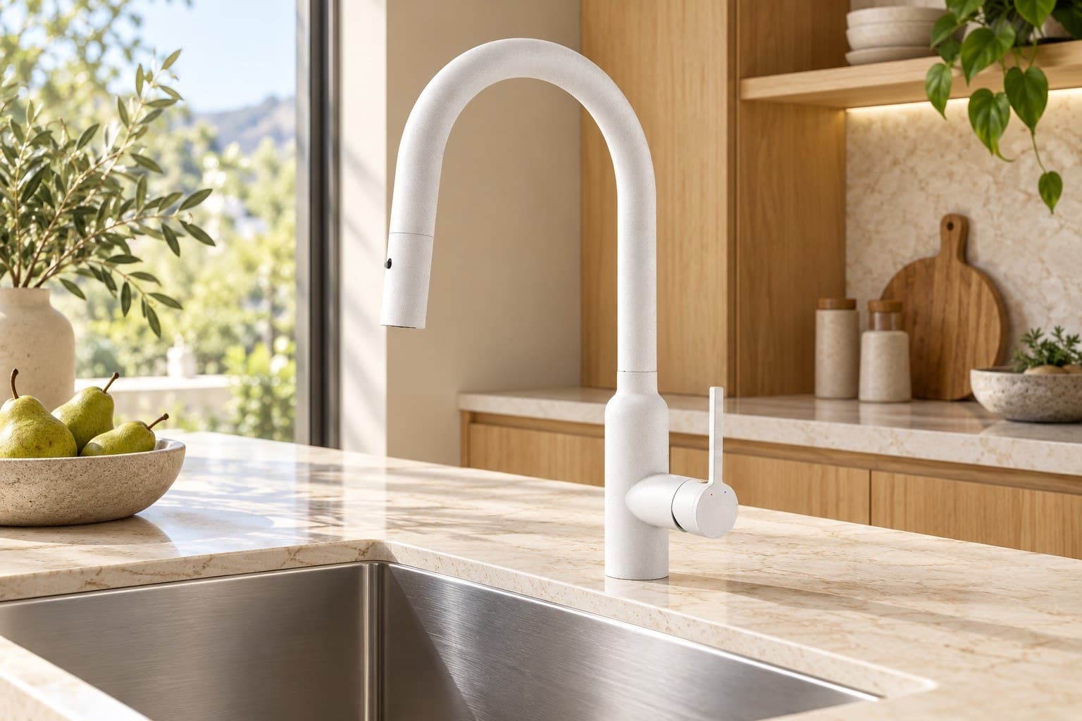 Carysil white pull-out kitchen mixer over a stainless steel sink in a sunlit kitchen